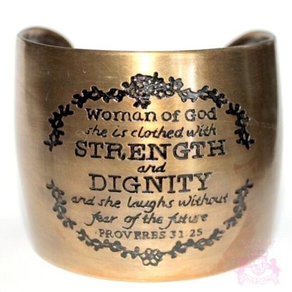 Woman of God Proverbs 31 Laugh Strength Dignity Antique Gold Tone Cuff Bracelet - Picture 1 of 4
